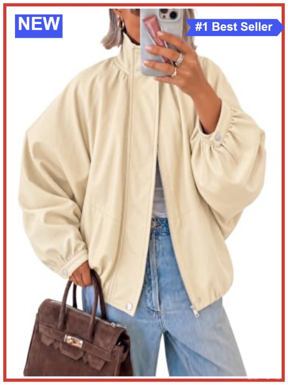 Faux Leather Bomber Jacket Long Sleeve Zipper Fall Coat